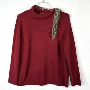 Duna Sweater Handloomed S? Brick Red Foldover Collar Fringe Textured Knit Vntage